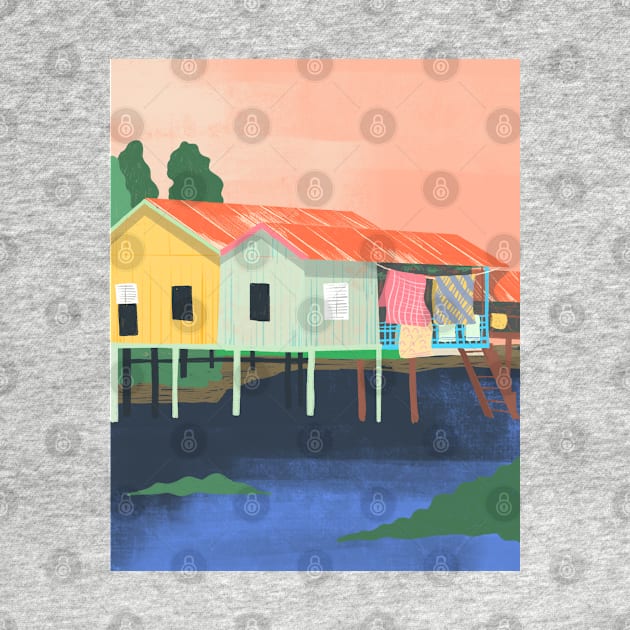 Colorful Stilt Houses Seaside Painting by haleyum